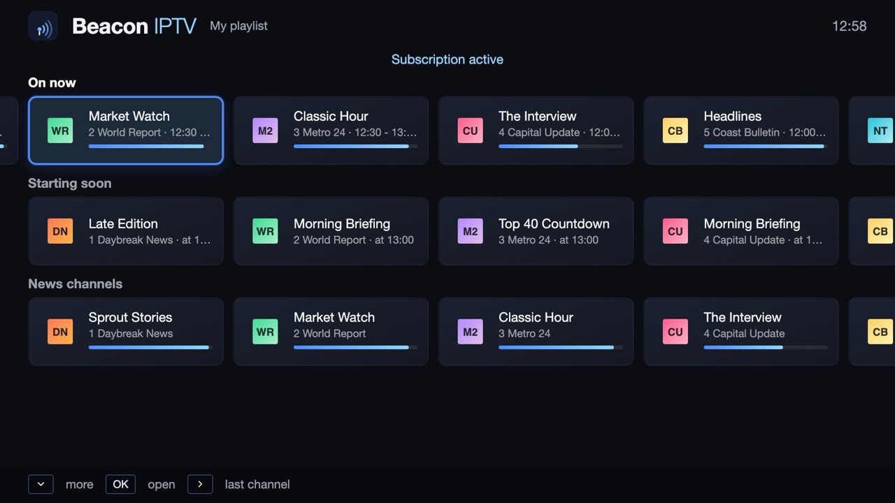 Beacon Player home screen with continue watching, on now and news rails