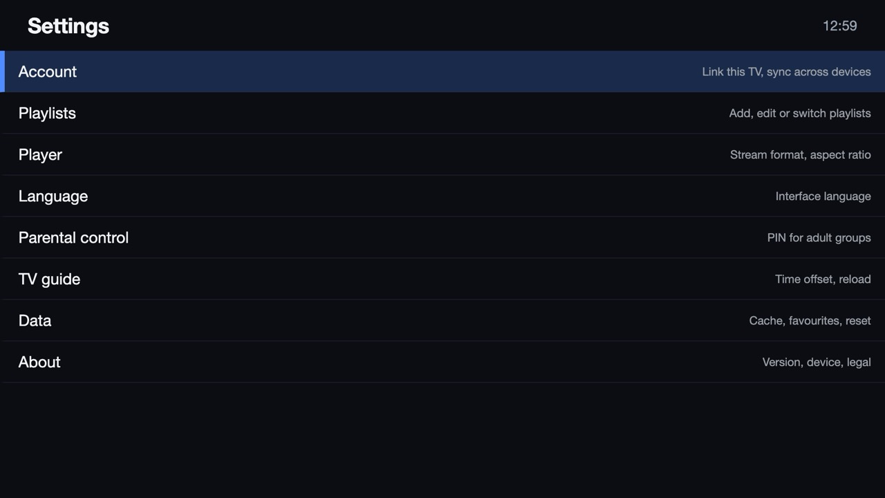 Settings menu